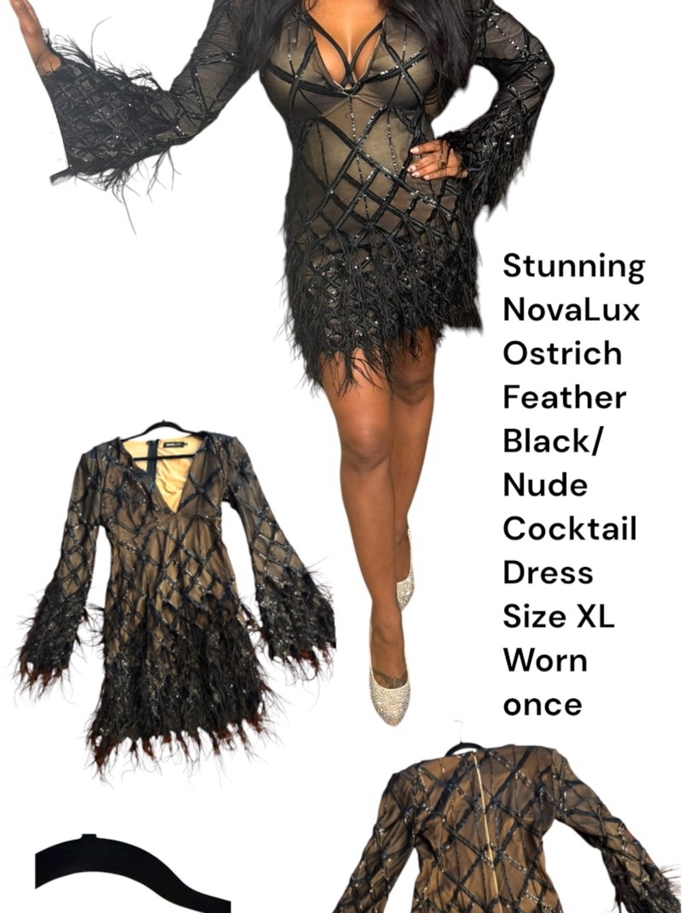 Ronald van der Kemp Black Sheer Ostrich Feather Cocktail Dress